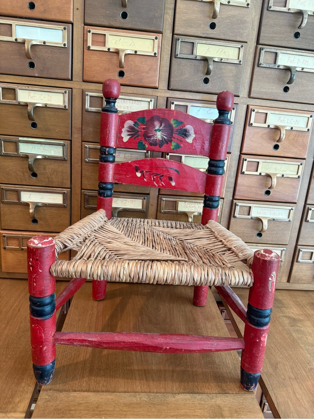 Vintage Mexican Folk Art Chair Hand Painted Rush Seat in Stunning Colors
